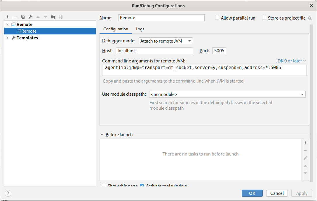 Configuration of the remote debugger in IntelliJ IDEA